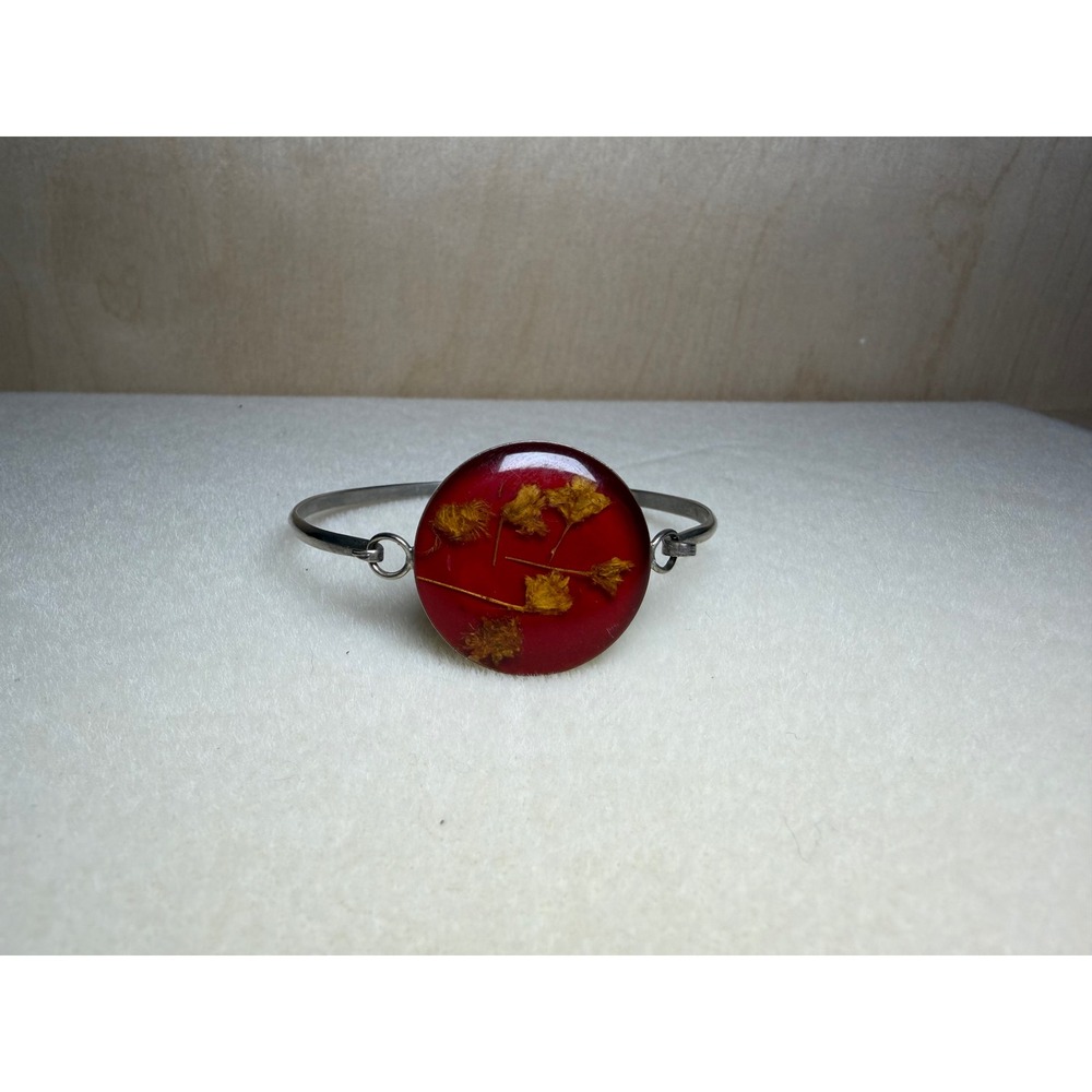 Handmade Red Resin Dried Flower Bangle Bracelet Silver Tone Botanical Jewelry